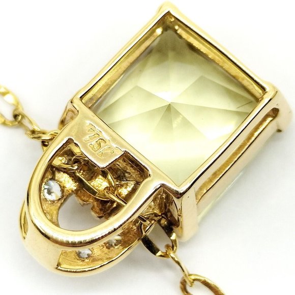 Genuine 18K Real Gold + Yellow Quartz Padlock Chain Necklace Diamonds GIA Tested - Picture 5 of 11
